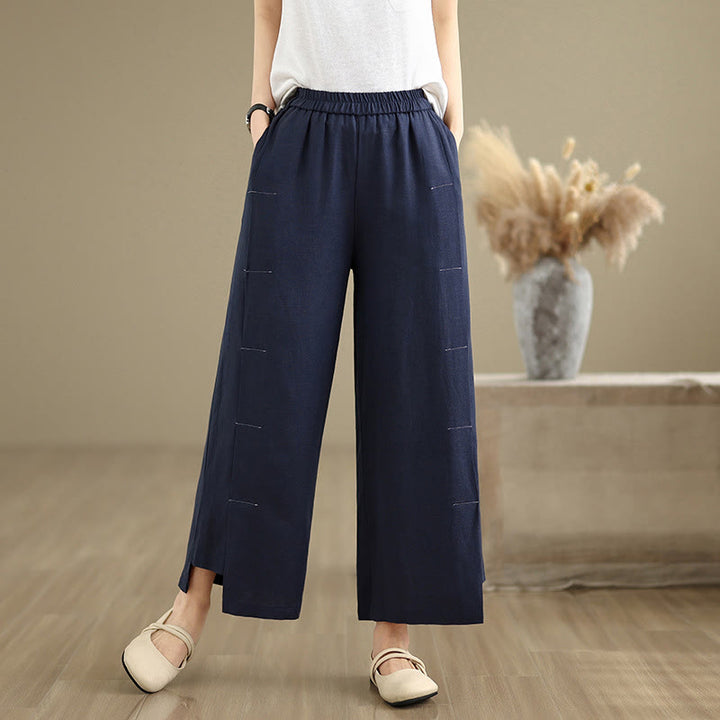 Buddha Stones Spring Casual Navy Simple Line Design Cotton Linen Women's Wide Leg Pants With Pockets - image 4
