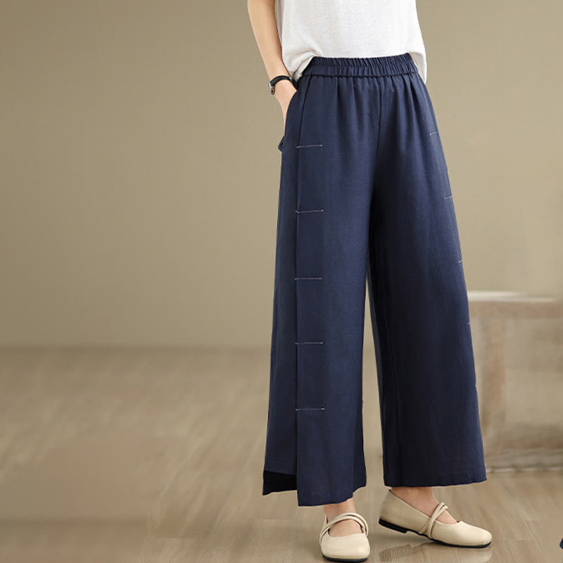 Buddha Stones Spring Casual Navy Simple Line Design Cotton Linen Women's Wide Leg Pants With Pockets - image 2