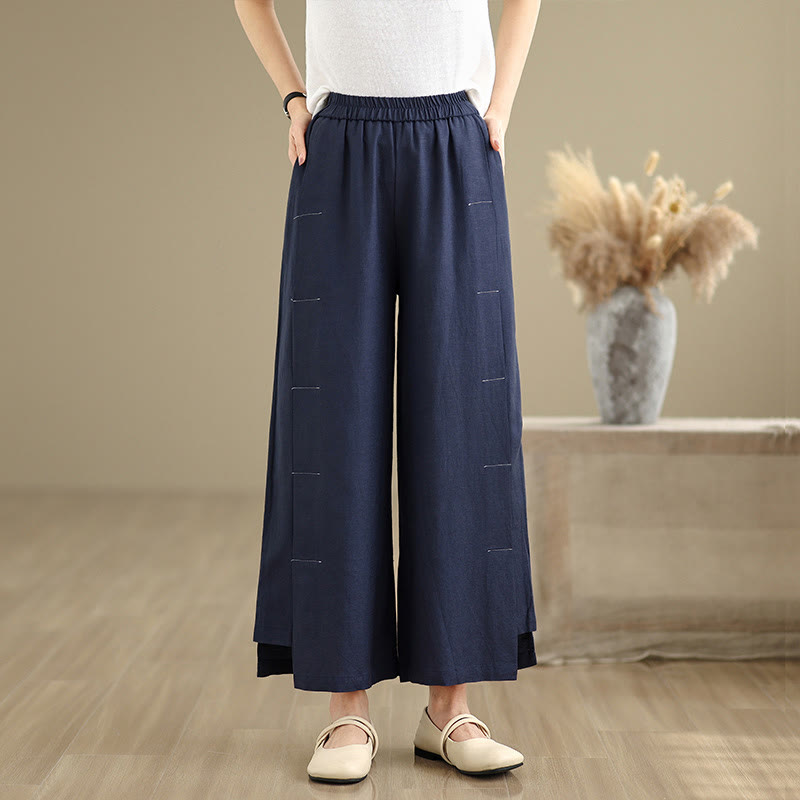 Buddha Stones Spring Casual Navy Simple Line Design Cotton Linen Women's Wide Leg Pants With Pockets - image 1