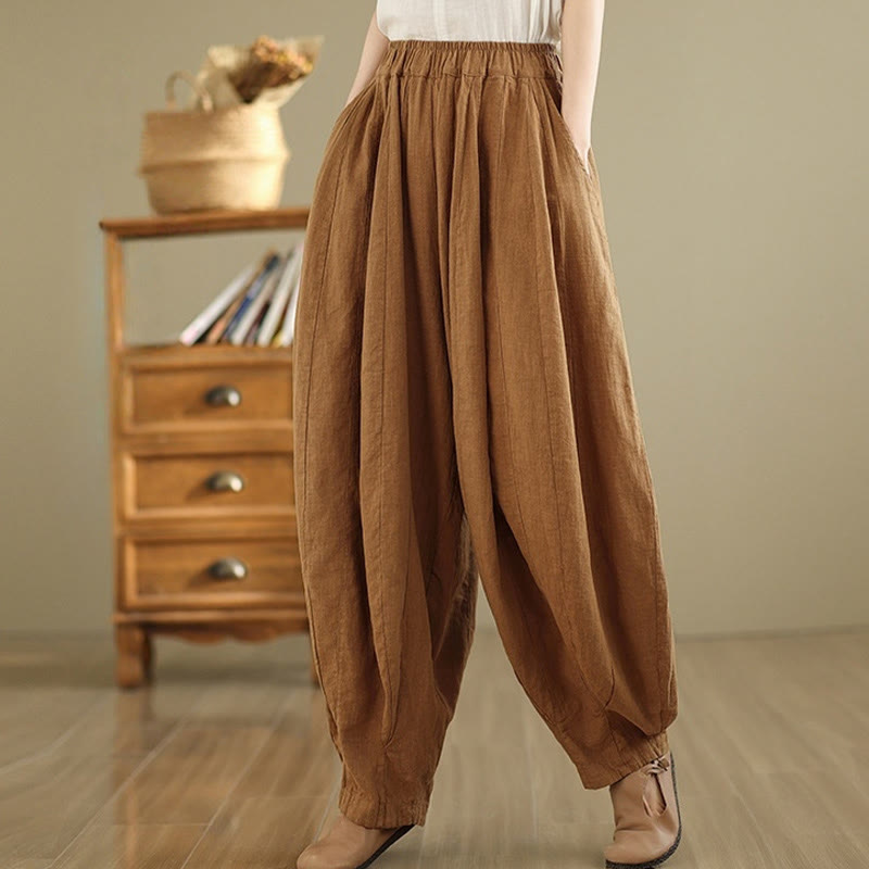 Buddha Stones Vintage Patchwork Lantern Design Cotton Linen Women's Wide Leg Pants With Pockets - Chocolate - US8-10,UK/AU12-14,EU40-42 (2XL) - image 0