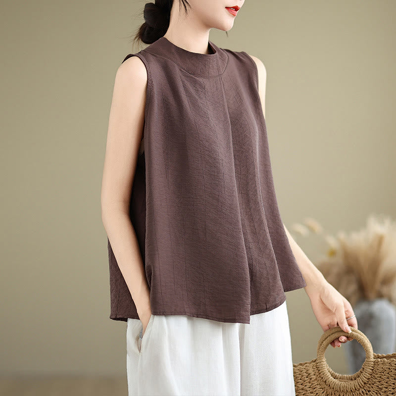 Buddha Stones Casual Plain Back Buttom Design Stand Collar Cotton Linen Women's Sleeveless Vest - image 3