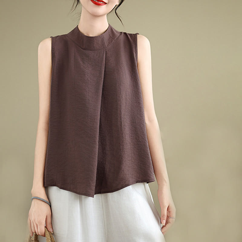 Buddha Stones Casual Plain Back Buttom Design Stand Collar Cotton Linen Women's Sleeveless Vest - image 2
