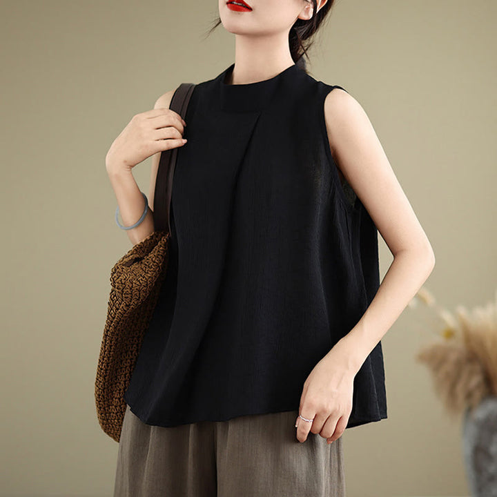 Buddha Stones Casual Plain Back Buttom Design Stand Collar Cotton Linen Women's Sleeveless Vest - image 20
