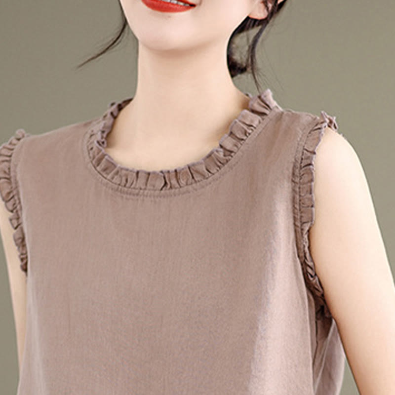 Buddha Stones Summer Ruffled Design Drawstring Crew Neck Cotton Linen Women's Sleeveless Vest - image 18