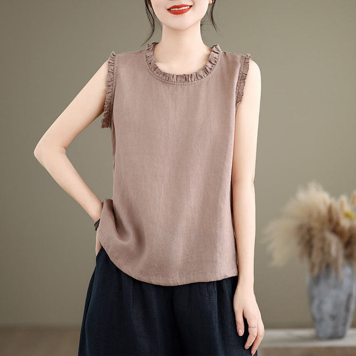 Buddha Stones Summer Ruffled Design Drawstring Crew Neck Cotton Linen Women's Sleeveless Vest - Thistle - US8-10,UK/AU12-14,EU40-42 (2XL) - image 14