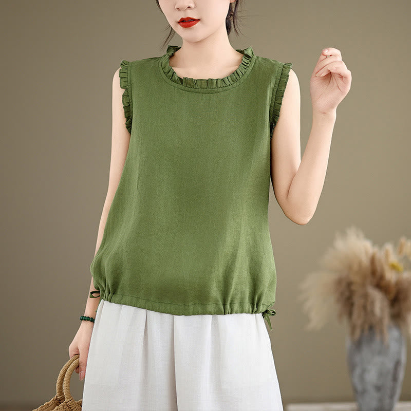 Buddha Stones Summer Ruffled Design Drawstring Crew Neck Cotton Linen Women's Sleeveless Vest - LimeGreen - US8-10,UK/AU12-14,EU40-42 (2XL) - image 0