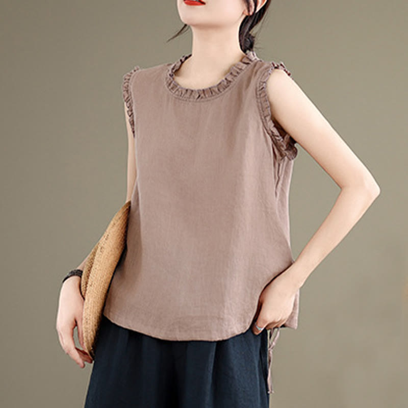 Buddha Stones Summer Ruffled Design Drawstring Crew Neck Cotton Linen Women's Sleeveless Vest - image 15