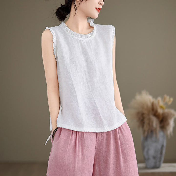 Buddha Stones Summer Ruffled Design Drawstring Crew Neck Cotton Linen Women's Sleeveless Vest - White - US8-10,UK/AU12-14,EU40-42 (2XL) - image 20