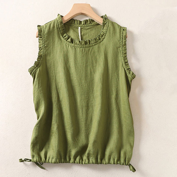 Buddha Stones Summer Ruffled Design Drawstring Crew Neck Cotton Linen Women's Sleeveless Vest - image 13