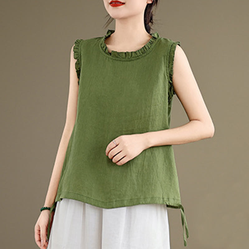 Buddha Stones Summer Ruffled Design Drawstring Crew Neck Cotton Linen Women's Sleeveless Vest - image 1