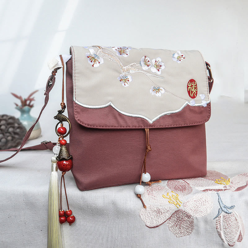 Buddha Stones Plain Brown Embroidered Plum Bossom Cotton Linen Crossbody Bag Shoulder Bag