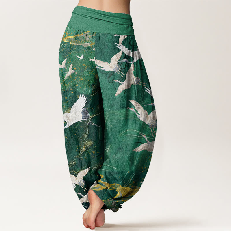 Buddha Stones Flying White Cranes Auspicious Clouds Design Women's Elastic Waist Harem Pants - image 2