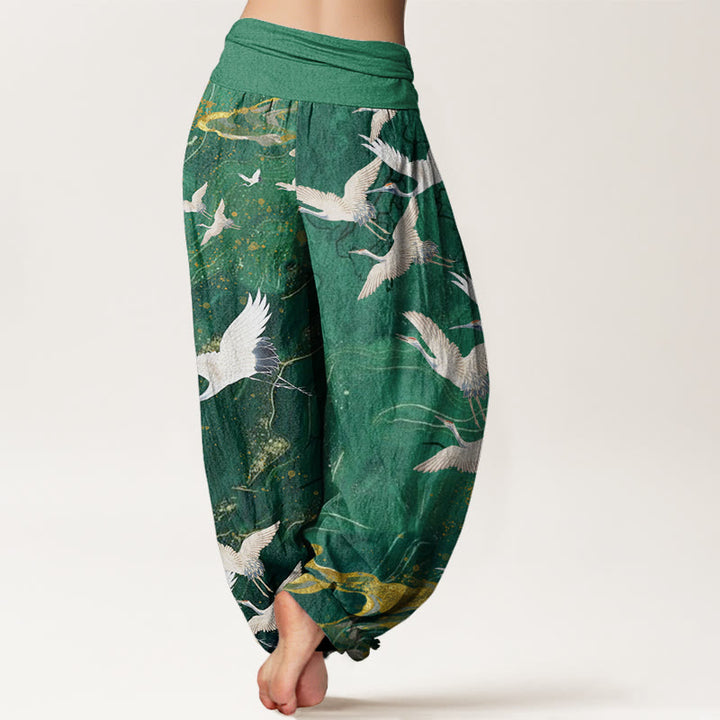 Buddha Stones Flying White Cranes Auspicious Clouds Design Women's Elastic Waist Harem Pants - image 2