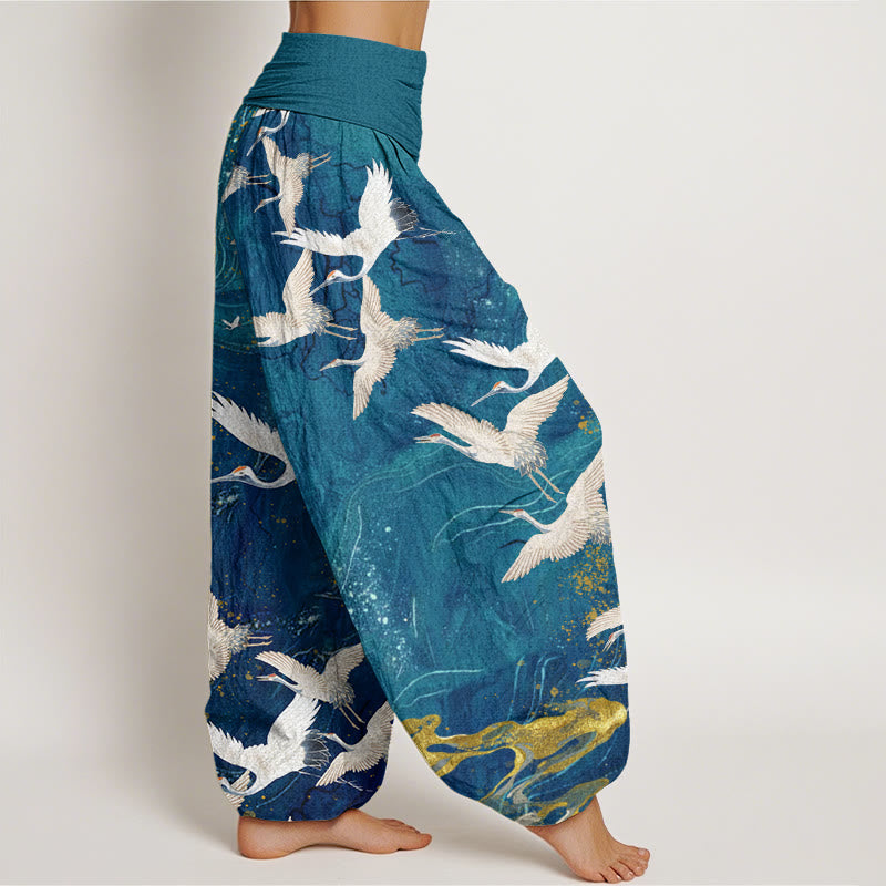 Buddha Stones Flying White Cranes Auspicious Clouds Design Women's Elastic Waist Harem Pants - image 7