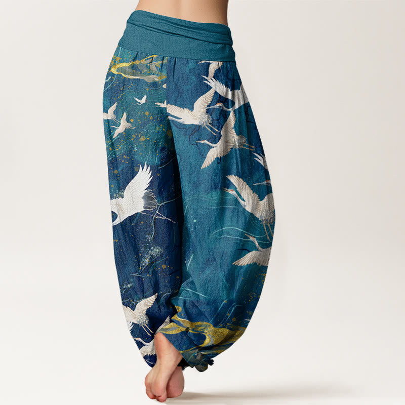 Buddha Stones Flying White Cranes Auspicious Clouds Design Women's Elastic Waist Harem Pants - image 6