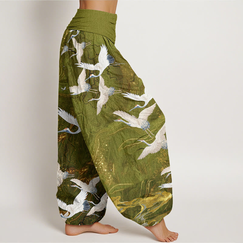 Buddha Stones Flying White Cranes Auspicious Clouds Design Women's Elastic Waist Harem Pants - image 10