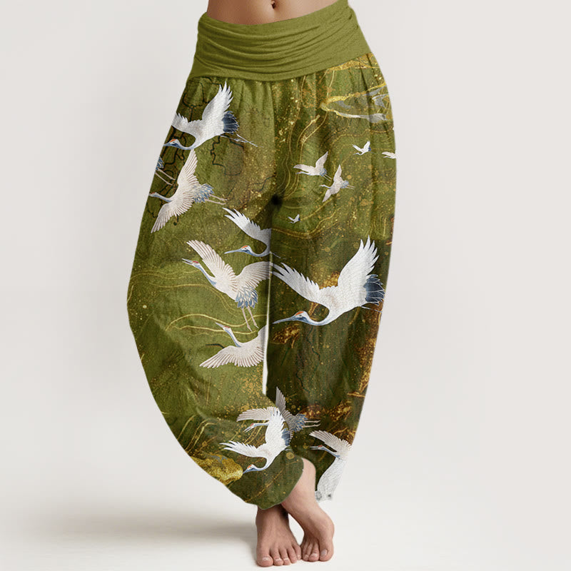 Buddha Stones Flying White Cranes Auspicious Clouds Design Women's Elastic Waist Harem Pants - YellowGreen - US22,UK/AU26,EU54 (6XL) - image 8