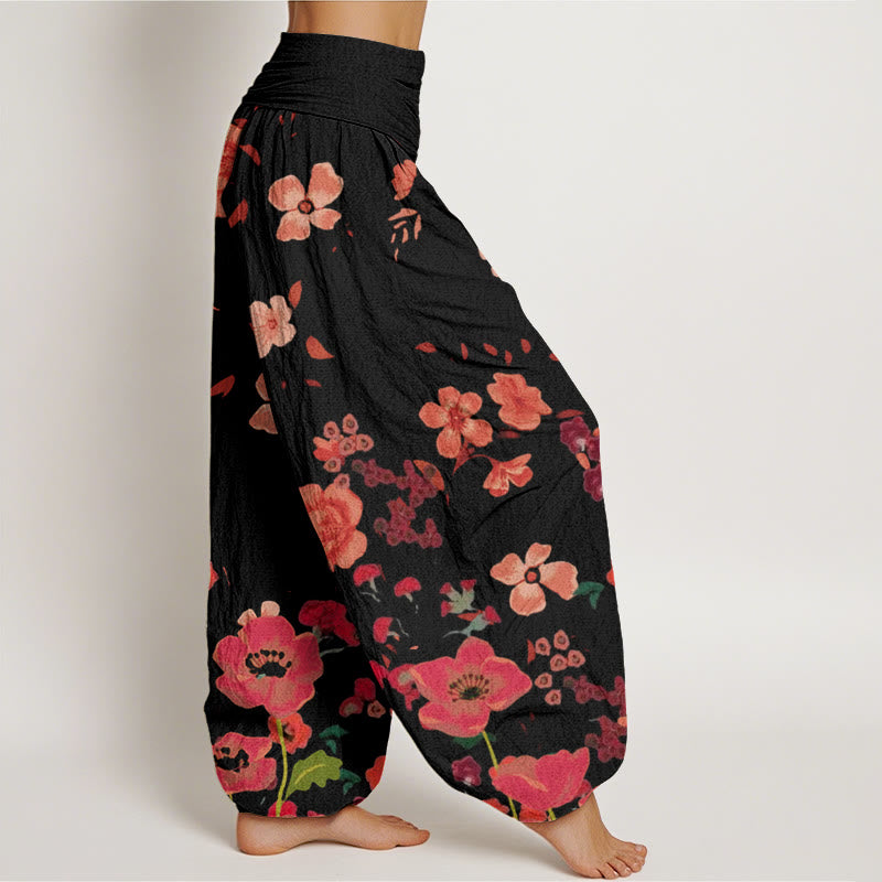 Buddha Stones Red Flowers Common Poppy Design Women's Elastic Waist Harem Pants - image 3