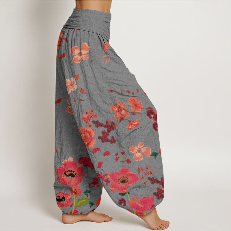 Buddha Stones Red Flowers Common Poppy Design Women's Elastic Waist Harem Pants - image 7