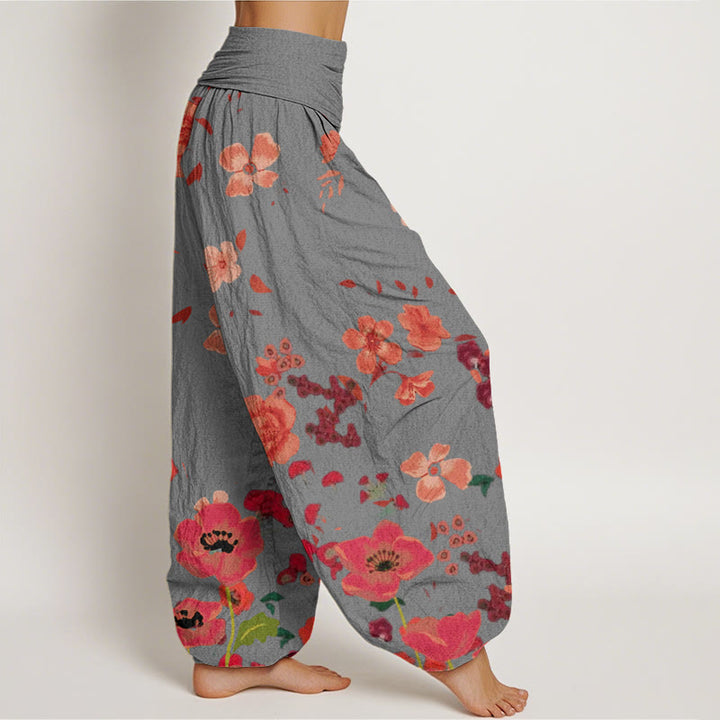 Buddha Stones Red Flowers Common Poppy Design Women's Elastic Waist Harem Pants - image 7