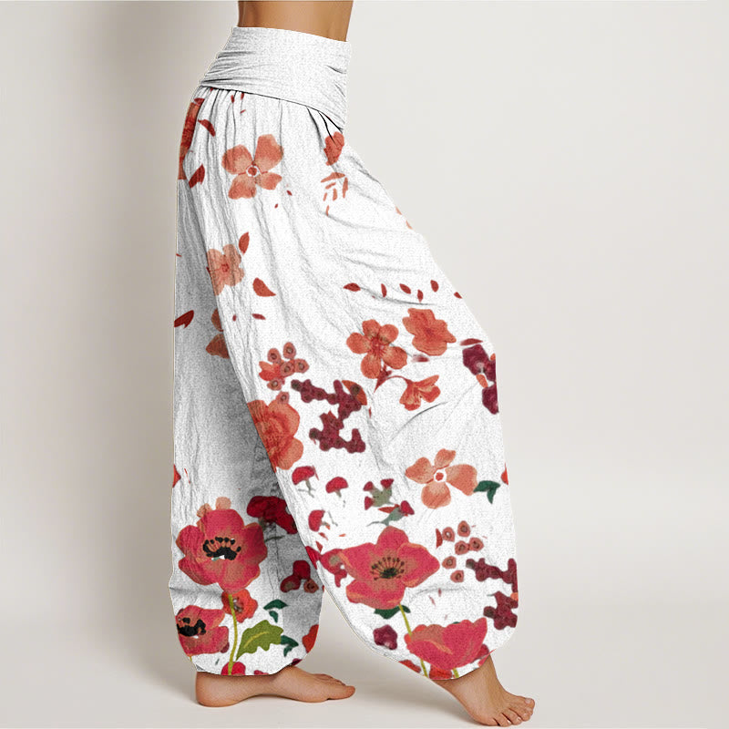 Buddha Stones Red Flowers Common Poppy Design Women's Elastic Waist Harem Pants - image 10