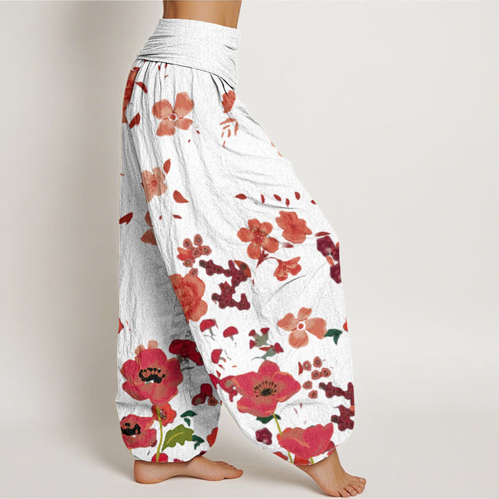 Buddha Stones Red Flowers Common Poppy Design Women's Elastic Waist Harem Pants - image 10