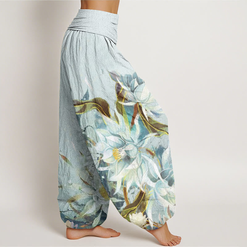 Buddha Stones Epiphyllum Flowers Design Women's Elastic Waist Harem Pants - image 3