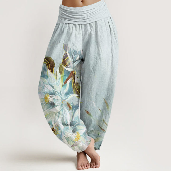 Buddha Stones Epiphyllum Flowers Design Women's Elastic Waist Harem Pants - LightCyan - US22,UK/AU26,EU54 (6XL) - image 1