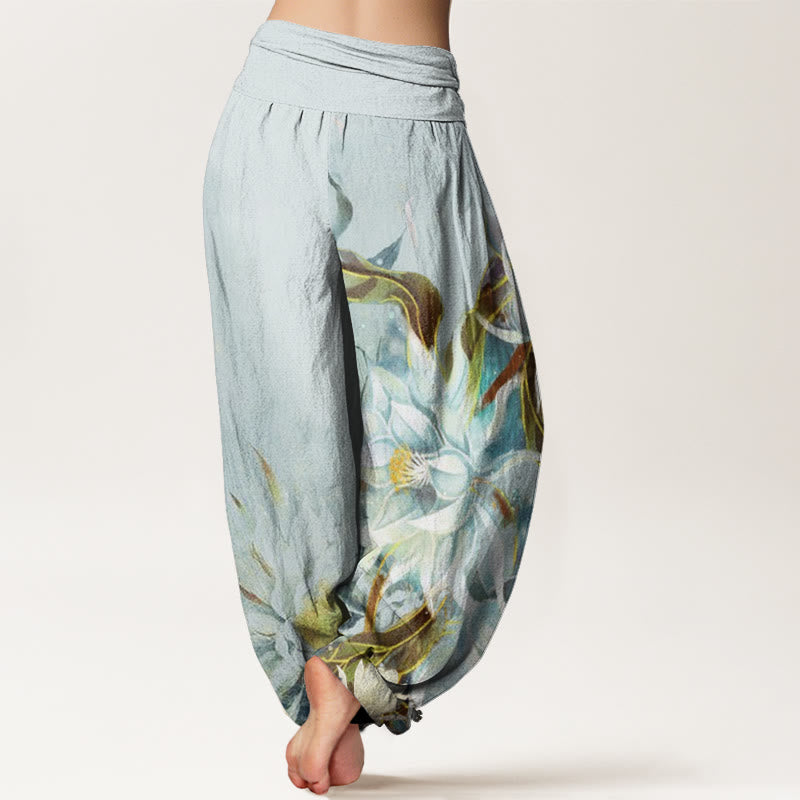 Buddha Stones Epiphyllum Flowers Design Women's Elastic Waist Harem Pants - image 2