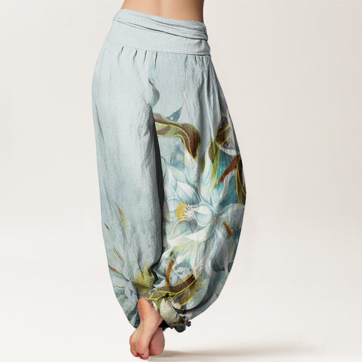 Buddha Stones Epiphyllum Flowers Design Women's Elastic Waist Harem Pants - image 2