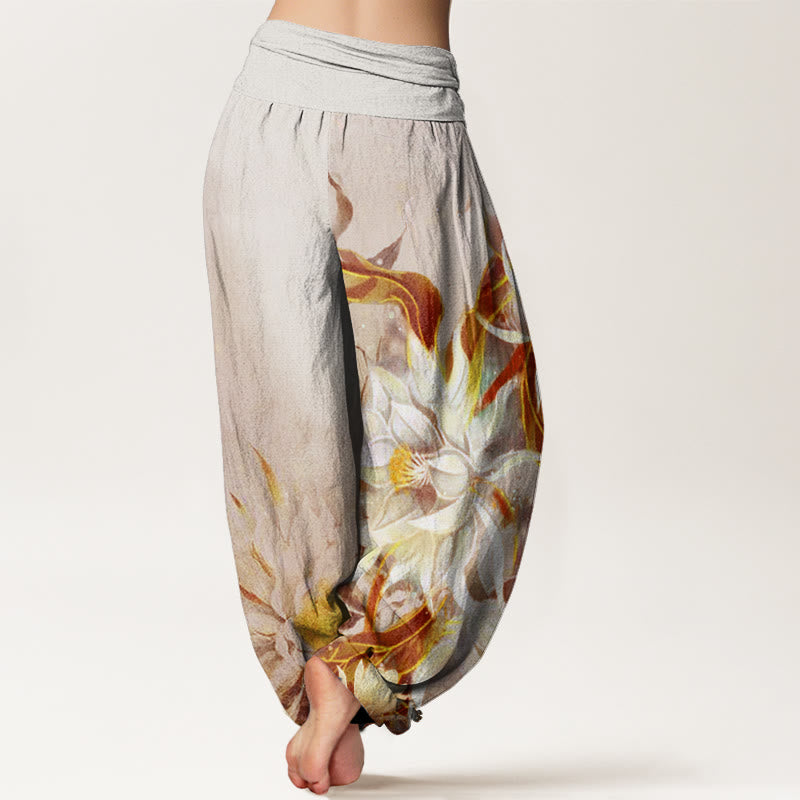 Buddha Stones Epiphyllum Flowers Design Women's Elastic Waist Harem Pants - image 6