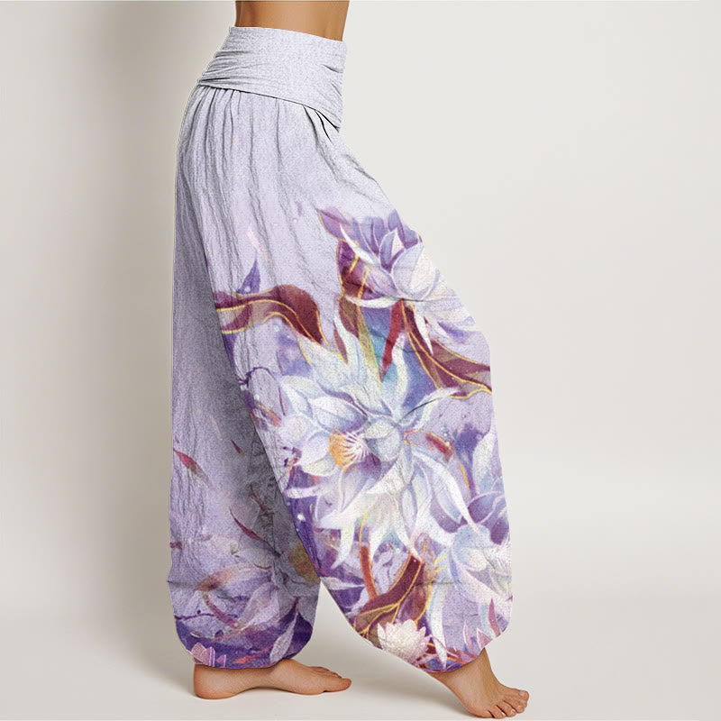 Buddha Stones Epiphyllum Flowers Design Women's Elastic Waist Harem Pants - image 10