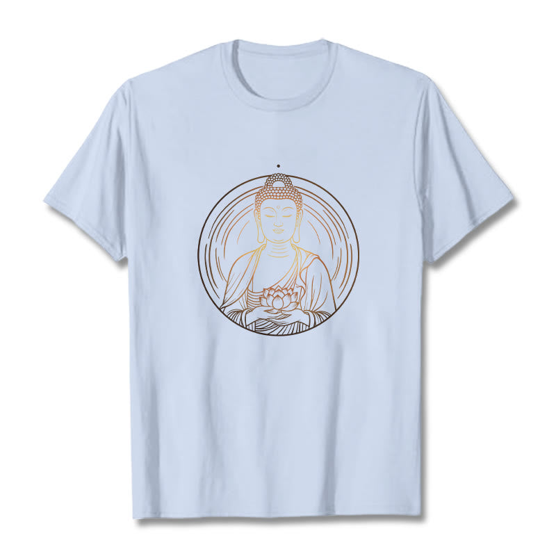 Buddha Stones Golden Buddha Holding A Lotus Flower Tee T-shirt - LightCyan - 2XL - image 19