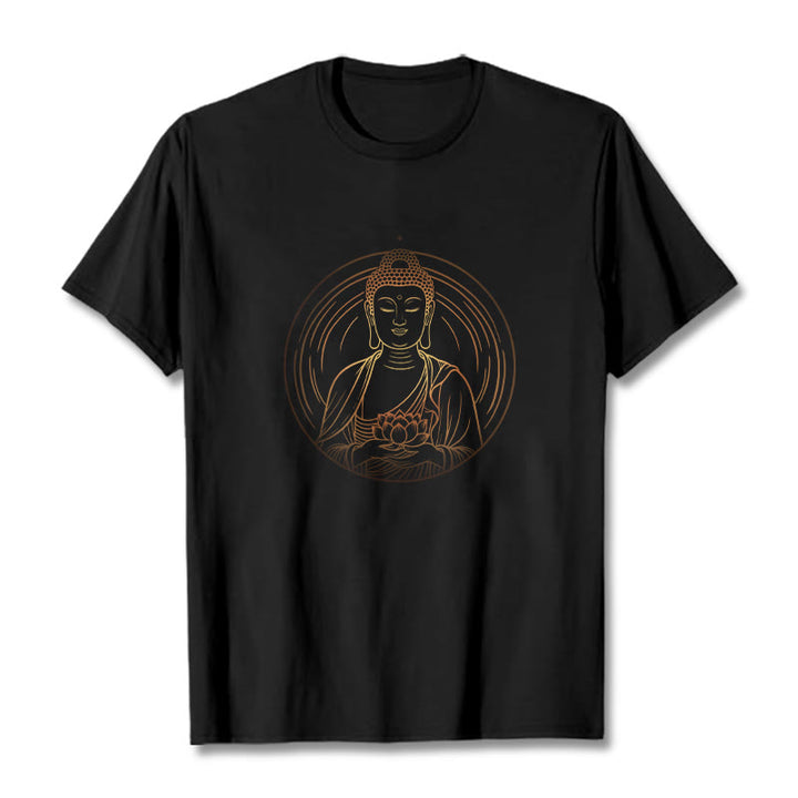 Buddha Stones Golden Buddha Holding A Lotus Flower Tee T-shirt - Black - 2XL - image 1