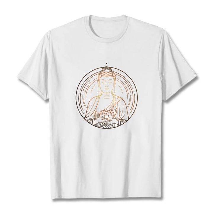 Buddha Stones Golden Buddha Holding A Lotus Flower Tee T-shirt - White - 2XL - image 6