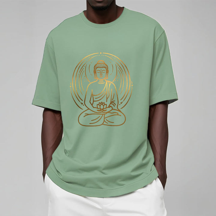Buddha Stones Golden Meditation Buddha Halo Holding A Lotus Flower Tee T-shirt - image 16