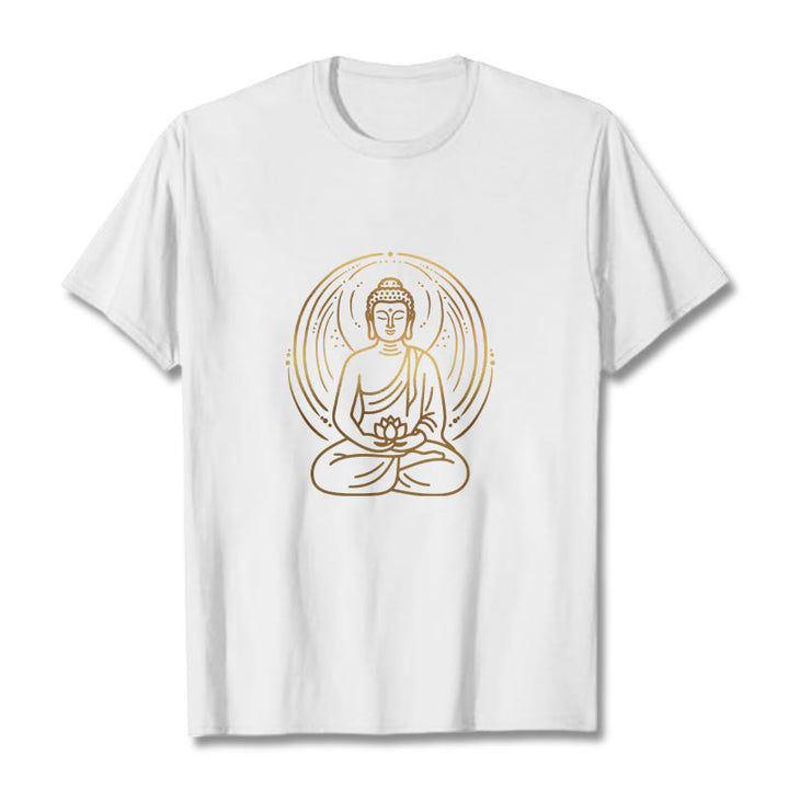 Buddha Stones Golden Meditation Buddha Halo Holding A Lotus Flower Tee T-shirt - White - 2XL - image 8