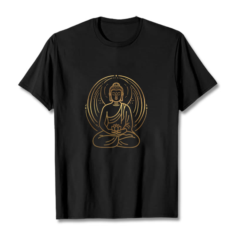Buddha Stones Golden Meditation Buddha Halo Holding A Lotus Flower Tee T-shirt - Black - 2XL - image 4