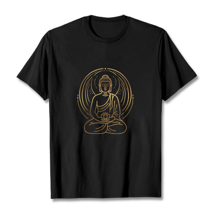 Buddha Stones Golden Meditation Buddha Halo Holding A Lotus Flower Tee T-shirt - Black - 2XL - image 4