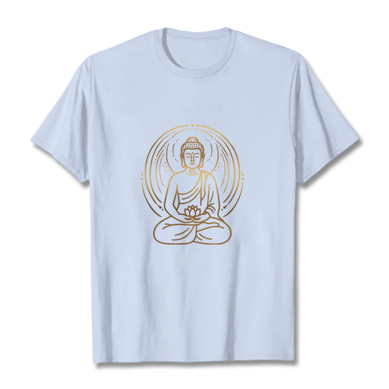 Buddha Stones Golden Meditation Buddha Halo Holding A Lotus Flower Tee T-shirt - LightCyan - 2XL - image 19