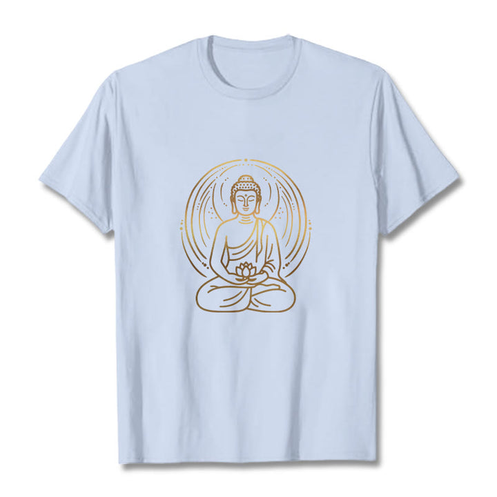Buddha Stones Golden Meditation Buddha Halo Holding A Lotus Flower Tee T-shirt - LightCyan - 2XL - image 19