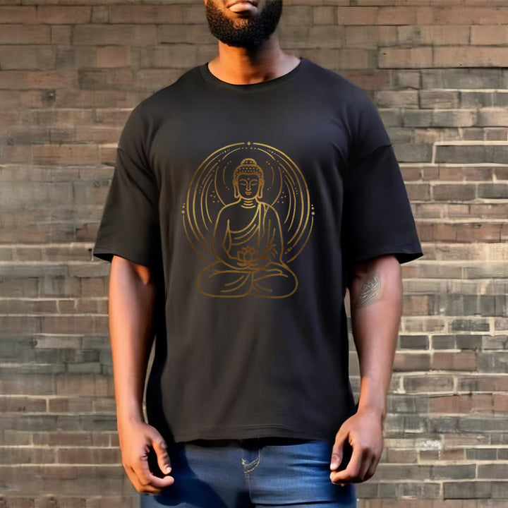 Buddha Stones Golden Meditation Buddha Halo Holding A Lotus Flower Tee T-shirt - image 6