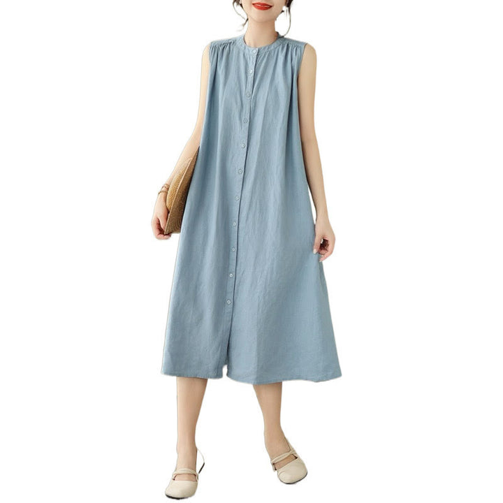 Buddha Stones Plain Single Breasted Pleated Design Sleeveless Cotton Linen Midi Dress