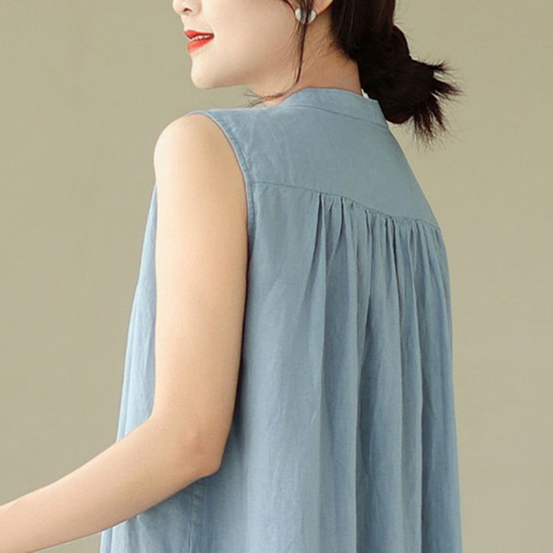 Buddha Stones Plain Single Breasted Pleated Design Sleeveless Cotton Linen Midi Dress