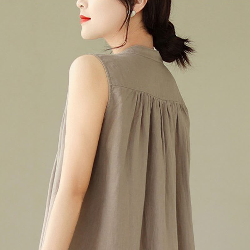 Buddha Stones Plain Single Breasted Pleated Design Sleeveless Cotton Linen Midi Dress