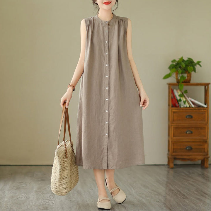 Buddha Stones Plain Single Breasted Pleated Design Sleeveless Cotton Linen Midi Dress