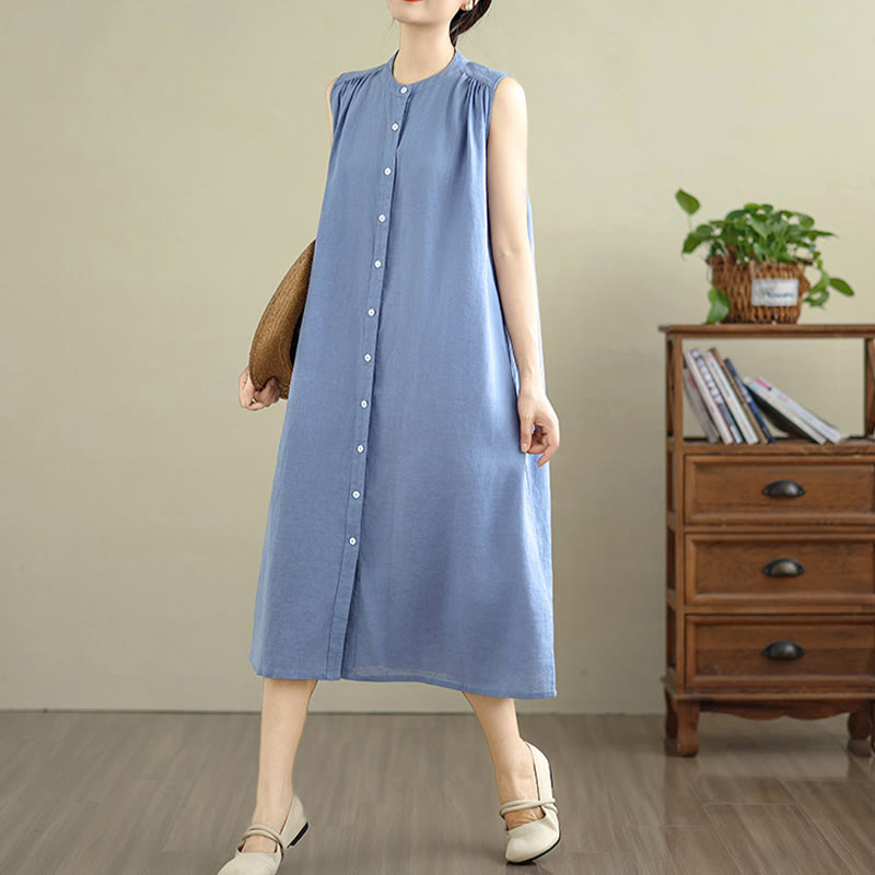 Buddha Stones Plain Single Breasted Pleated Design Sleeveless Cotton Linen Midi Dress