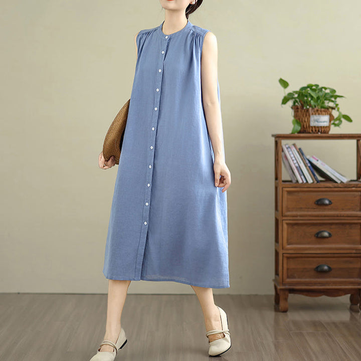 Buddha Stones Plain Single Breasted Pleated Design Sleeveless Cotton Linen Midi Dress