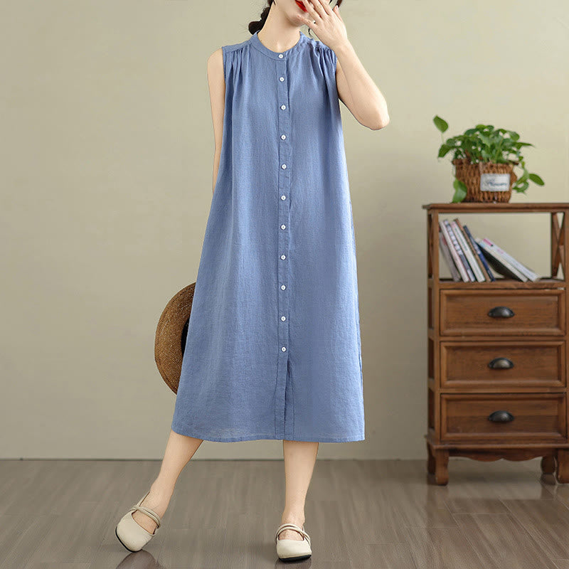 Buddha Stones Plain Single Breasted Pleated Design Sleeveless Cotton Linen Midi Dress
