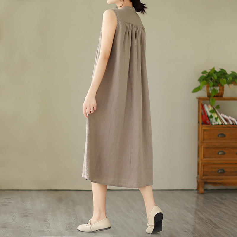 Buddha Stones Plain Single Breasted Pleated Design Sleeveless Cotton Linen Midi Dress